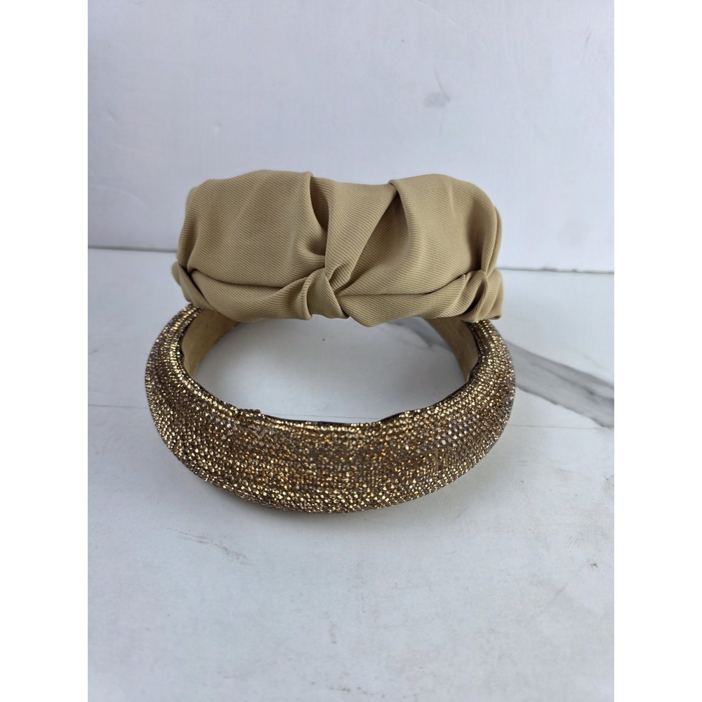 Set of 2 Women Gold Rhinestone Padded Headband and Tan Knotted Fabric Headband